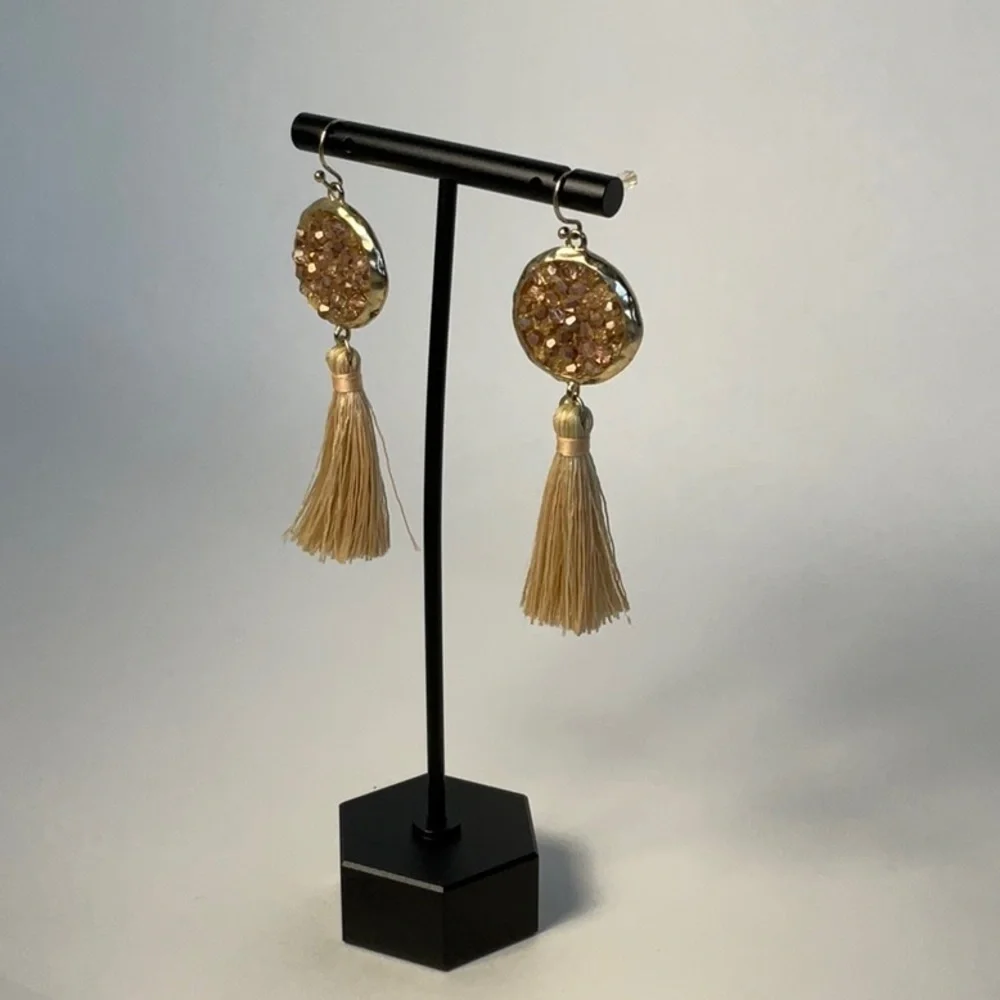 Earrings Gold Tone Disk with Tan Tassel